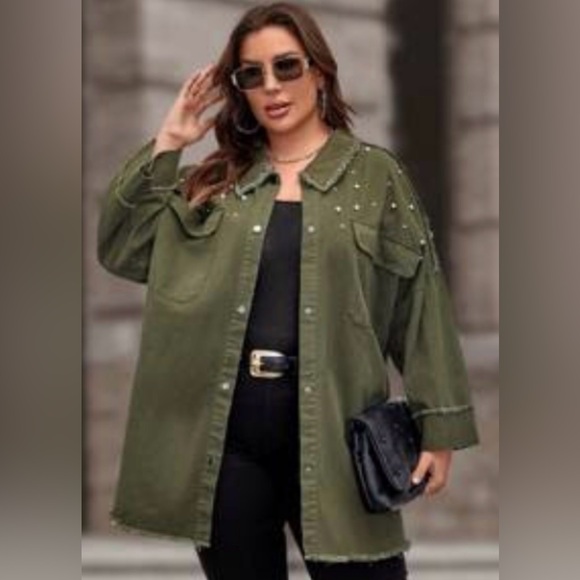 💕SHEIN Curve Size 4X Green Utility Jacket with Pearl Details, Plus Size - Picture 1 of 5